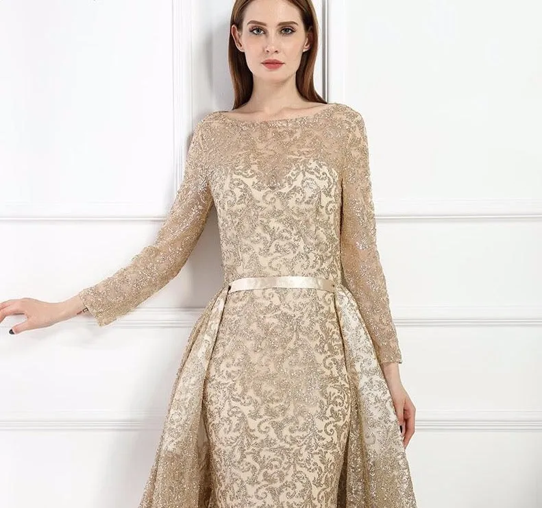 Fashion Mermaid Luxury Evening Dress Long Sleeves  Gliter  with train Evening Gowns