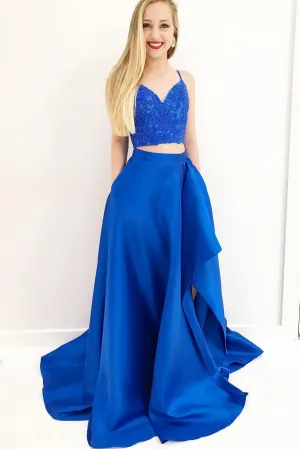 Fashion Two Piece A-Line Spaghetti Straps Royal Blue Long Prom/Evening Dress With Lace