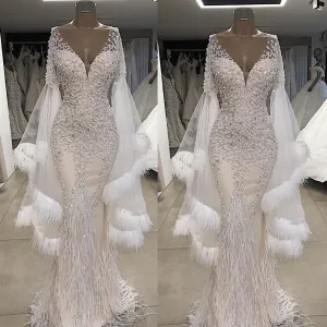 feather evening dresses long Dubai caftan beaded crystals mermaid elegant cheap luxury evening gown