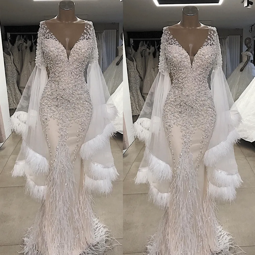 feather evening dresses long Dubai caftan beaded crystals mermaid elegant cheap luxury evening gown