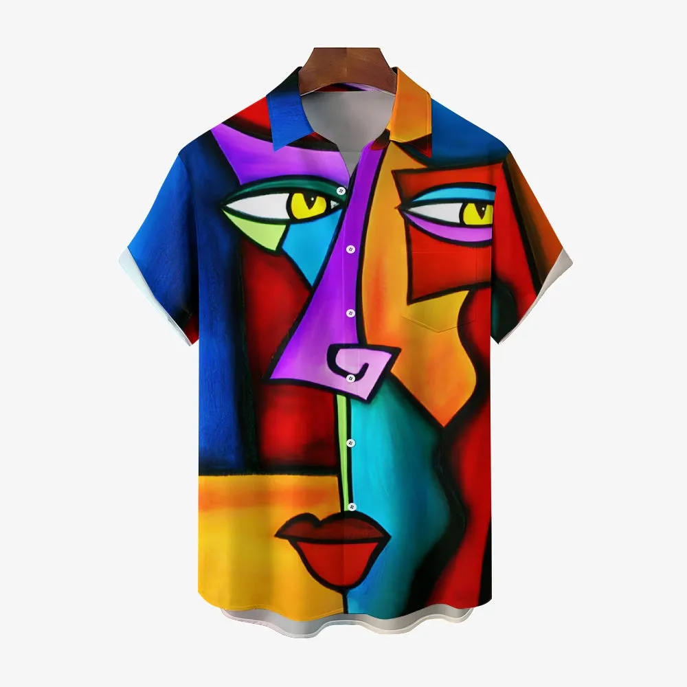 Geometric Abstract Art Print Large Slub Linen Short Sleeve Shirt 2407003297