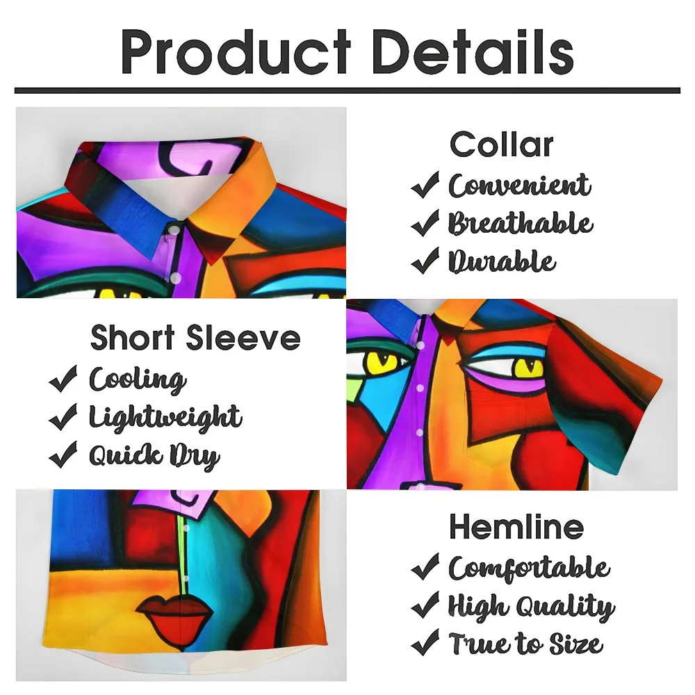 Geometric Abstract Art Print Large Slub Linen Short Sleeve Shirt 2407003297