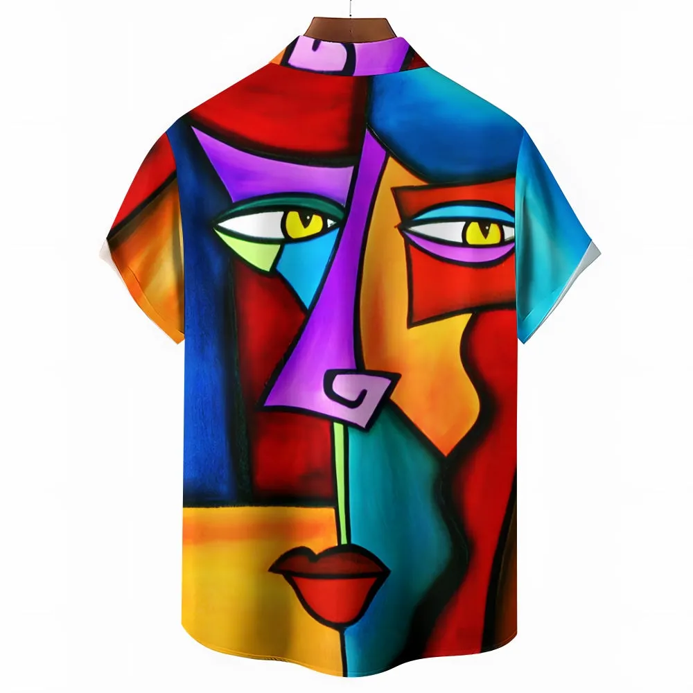 Geometric Abstract Art Print Large Slub Linen Short Sleeve Shirt 2407003297