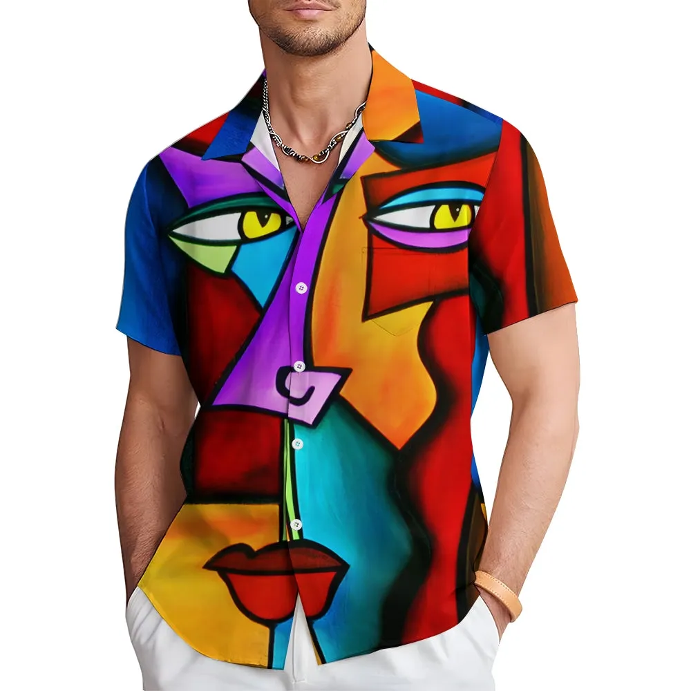 Geometric Abstract Art Print Large Slub Linen Short Sleeve Shirt 2407003297