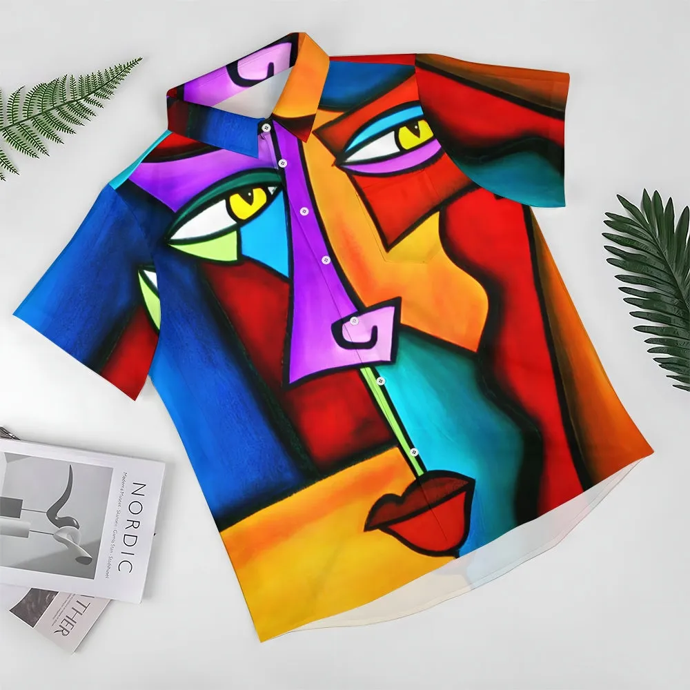 Geometric Abstract Art Print Large Slub Linen Short Sleeve Shirt 2407003297