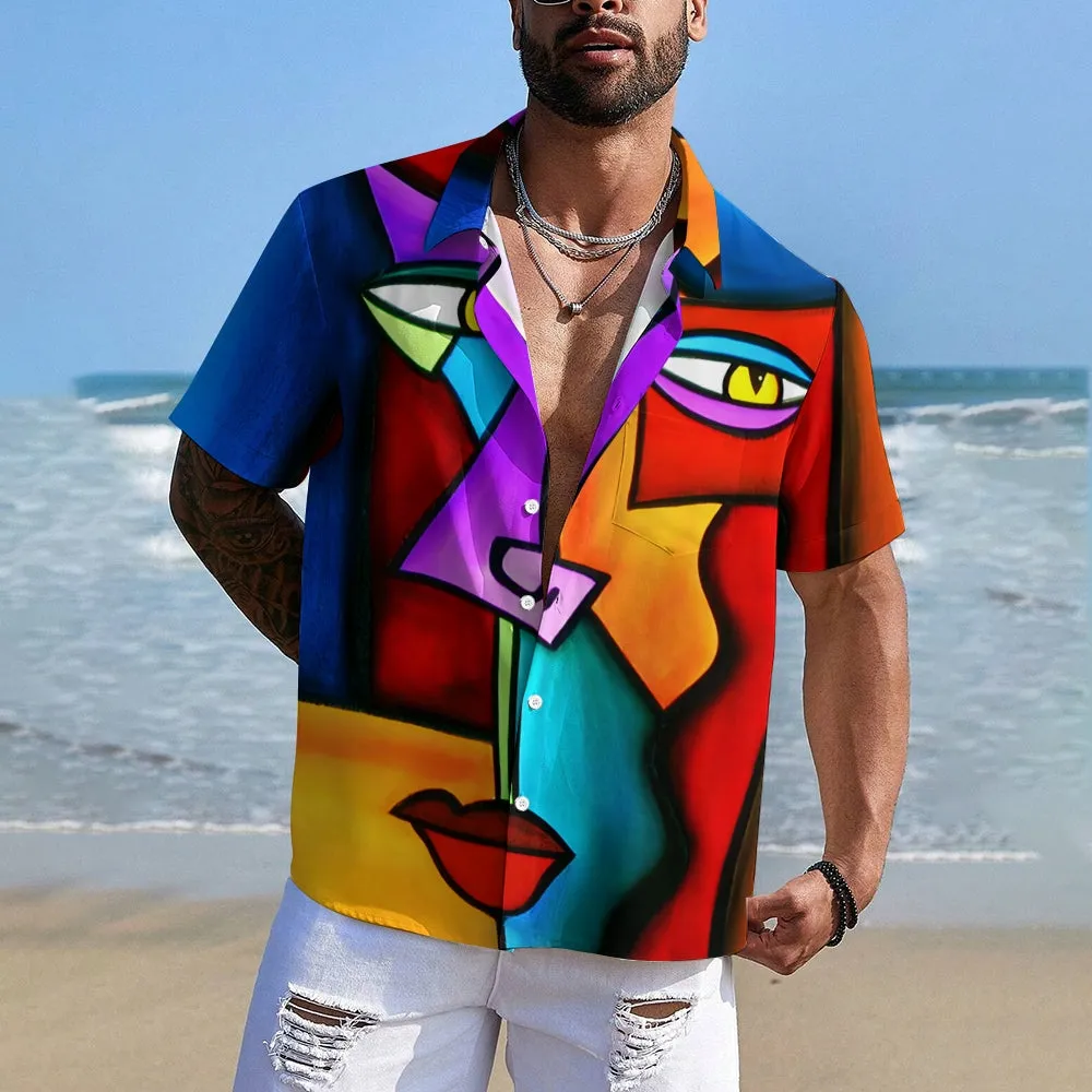 Geometric Abstract Art Print Large Slub Linen Short Sleeve Shirt 2407003297