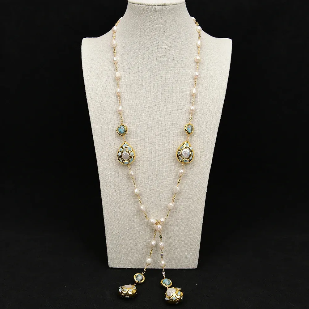 GG Cultured White Keshi Pearl  Blue Murano Glass Long Rosary Mix color CZ Chain Necklace