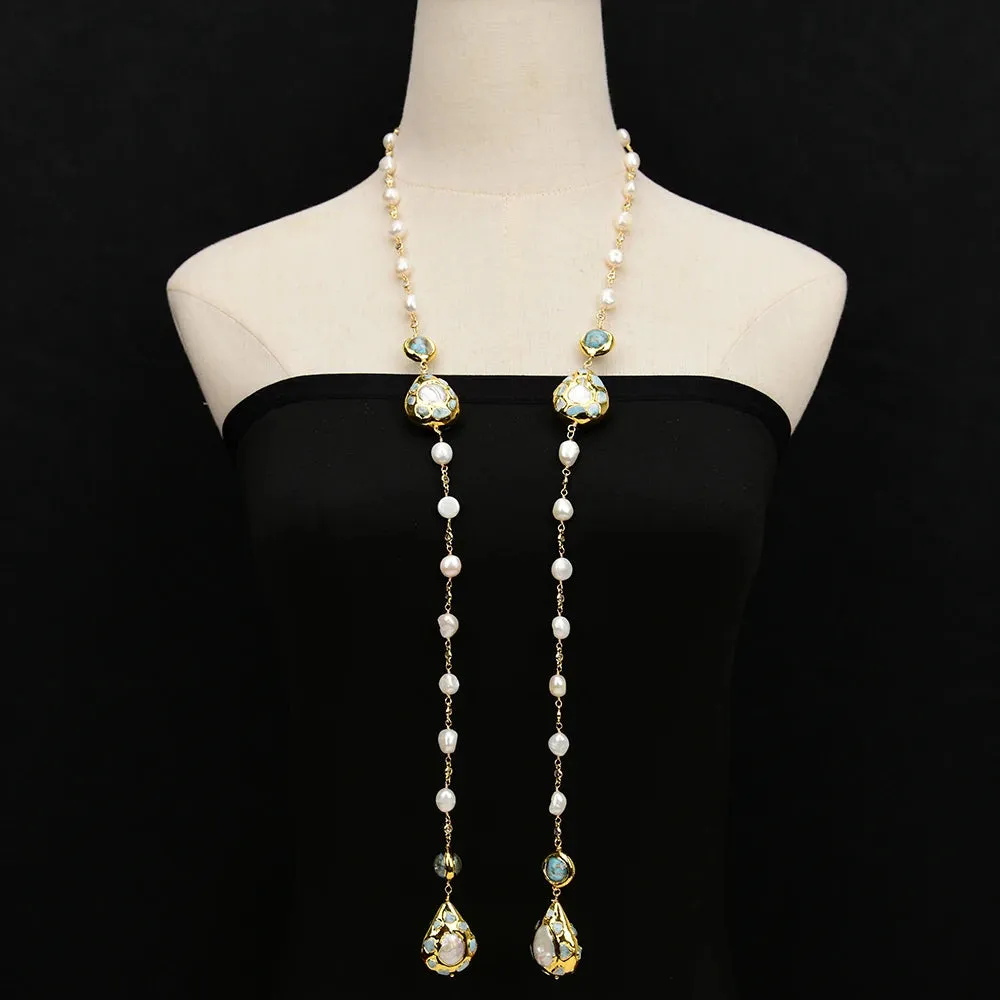 GG Cultured White Keshi Pearl  Blue Murano Glass Long Rosary Mix color CZ Chain Necklace