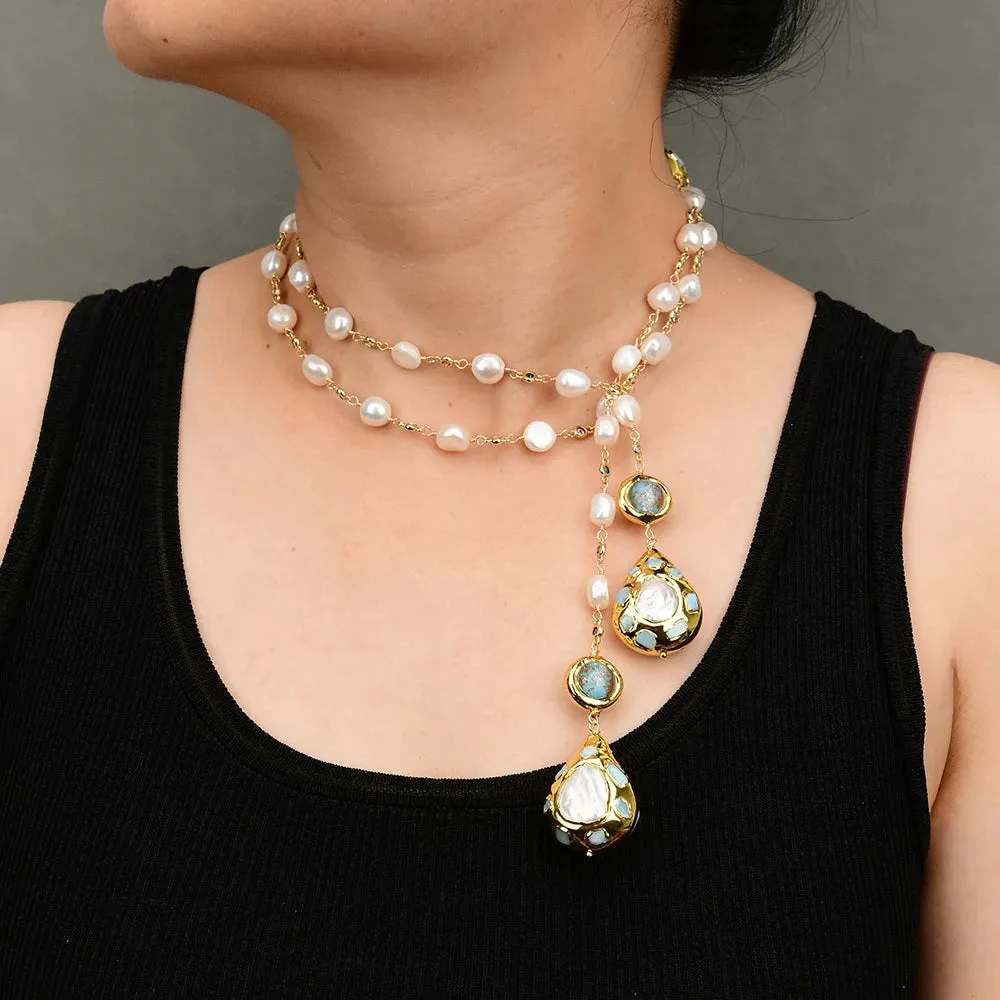 GG Cultured White Keshi Pearl  Blue Murano Glass Long Rosary Mix color CZ Chain Necklace