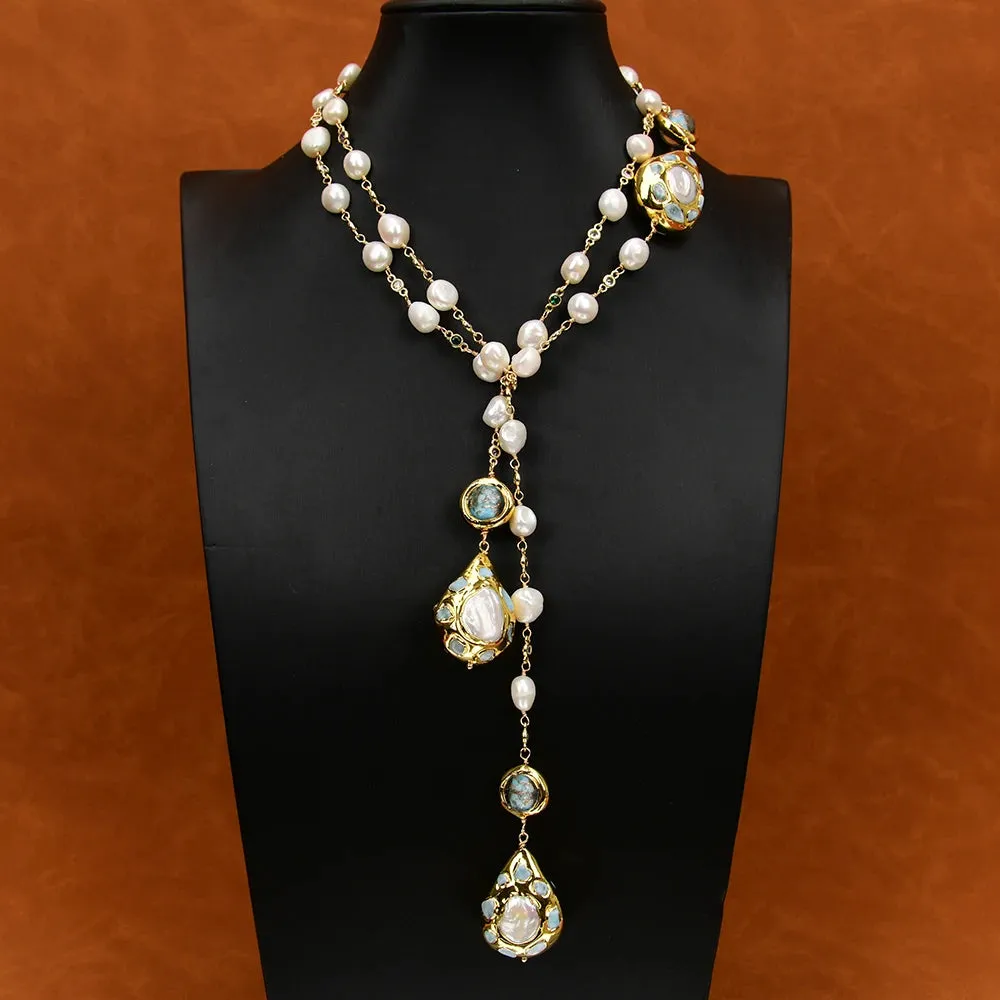 GG Cultured White Keshi Pearl  Blue Murano Glass Long Rosary Mix color CZ Chain Necklace