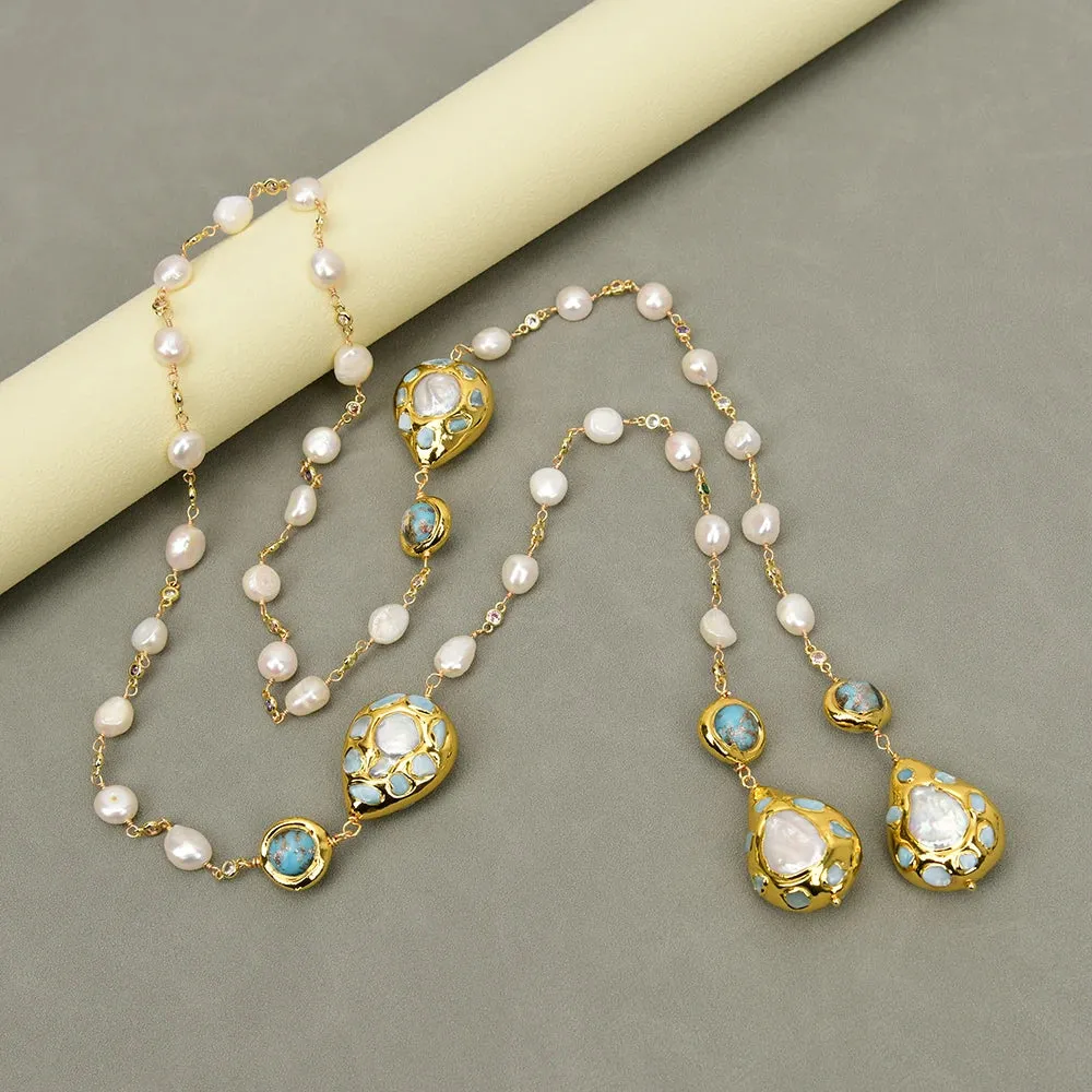 GG Cultured White Keshi Pearl  Blue Murano Glass Long Rosary Mix color CZ Chain Necklace