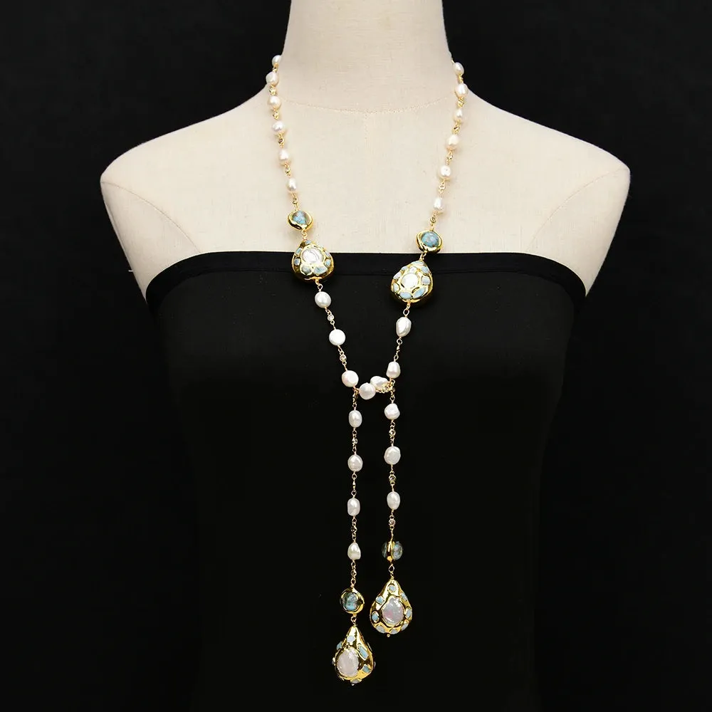 GG Cultured White Keshi Pearl  Blue Murano Glass Long Rosary Mix color CZ Chain Necklace