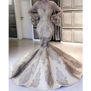 gold champagne evening dresses long lace applique vintage modest mermaid luxury evening gown vestido de Longo
