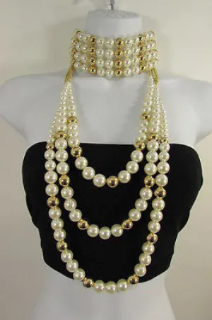 Gold Metal Multi Pearl Beads 3 Strands Chains Choker Necklace