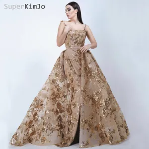 gold sequin appliqué evening dresses long detachable skirt elegant red beaded sleeveless prom gowns