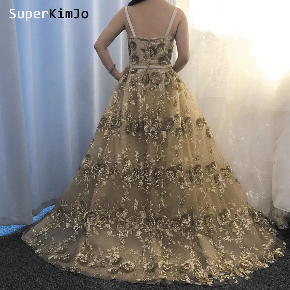 gold sequin applique evening dresses 2020 detachable skirt luxury elegant evening gown