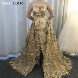 gold sequin applique evening dresses 2020 detachable skirt luxury elegant evening gown