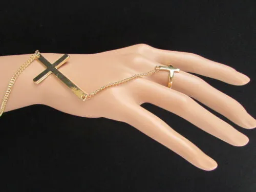Gold Silver Metal Hand Chain Bracelet 7 1/2" Big Cross Women Trendy