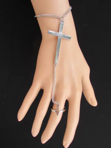 Gold Silver Metal Hand Chain Bracelet 7 1/2" Big Cross Women Trendy
