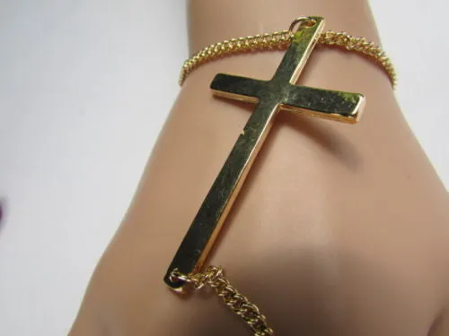 Gold Silver Metal Hand Chain Bracelet 7 1/2" Big Cross Women Trendy