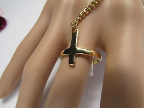 Gold Silver Metal Hand Chain Bracelet 7 1/2" Big Cross Women Trendy