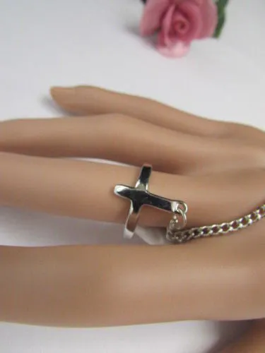 Gold Silver Metal Hand Chain Bracelet 7 1/2" Big Cross Women Trendy