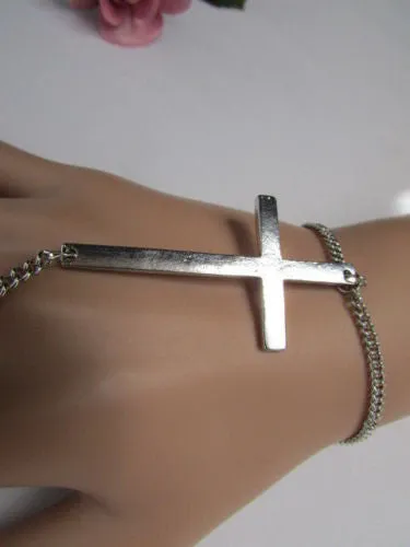 Gold Silver Metal Hand Chain Bracelet 7 1/2" Big Cross Women Trendy