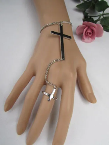 Gold Silver Metal Hand Chain Bracelet 7 1/2" Big Cross Women Trendy