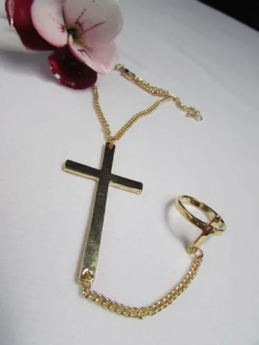 Gold Silver Metal Hand Chain Bracelet 7 1/2" Big Cross Women Trendy