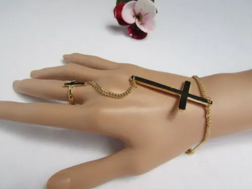 Gold Silver Metal Hand Chain Bracelet 7 1/2" Big Cross Women Trendy