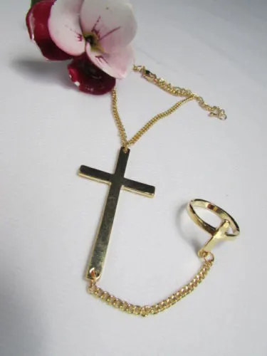 Gold Silver Metal Hand Chain Bracelet 7 1/2" Big Cross Women Trendy