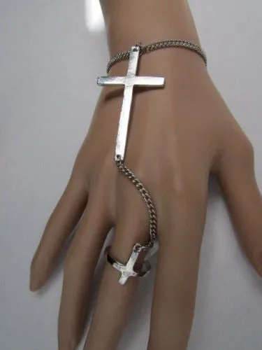 Gold Silver Metal Hand Chain Bracelet 7 1/2" Big Cross Women Trendy