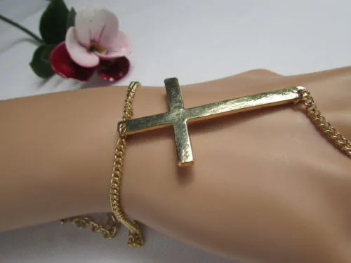 Gold Silver Metal Hand Chain Bracelet 7 1/2" Big Cross Women Trendy