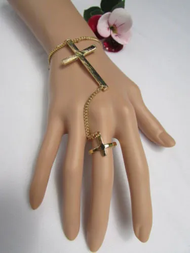 Gold Silver Metal Hand Chain Bracelet 7 1/2" Big Cross Women Trendy