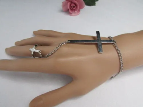 Gold Silver Metal Hand Chain Bracelet 7 1/2" Big Cross Women Trendy