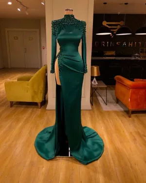 green beaded evening dresses long 2020 high neck mermaid elegant sexy formal dresses