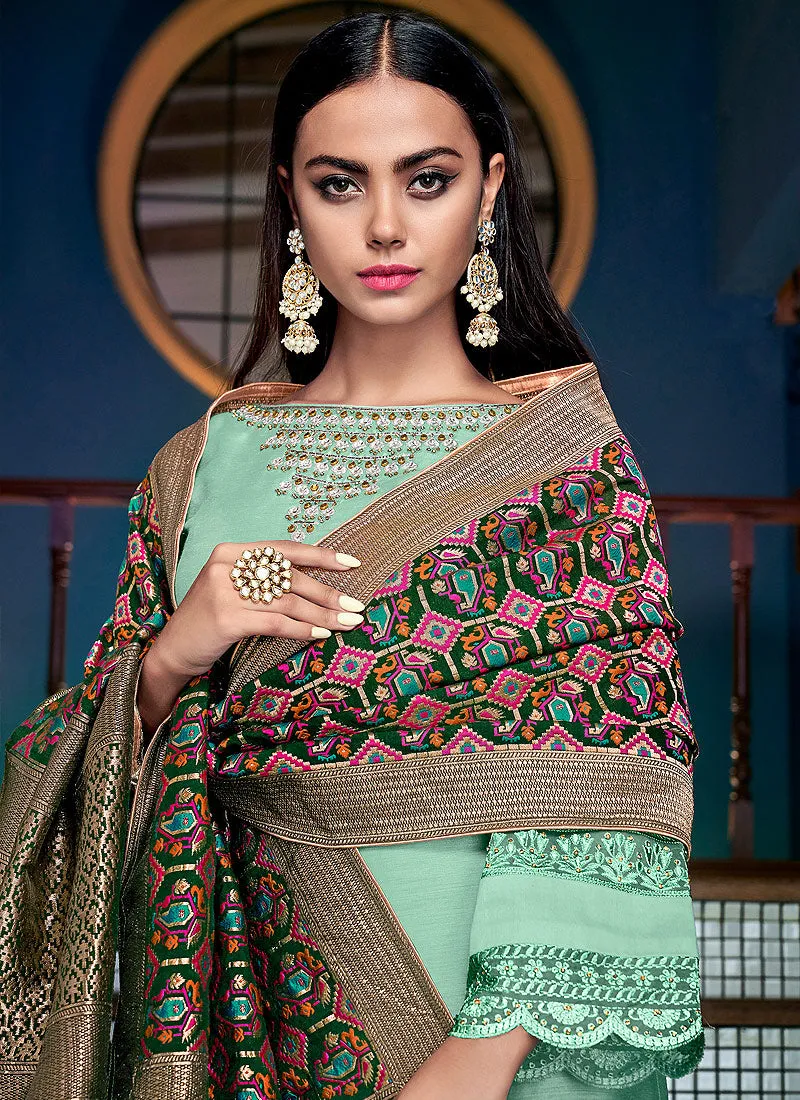 Green Embroidered Silk Palazzo Pant Suit
