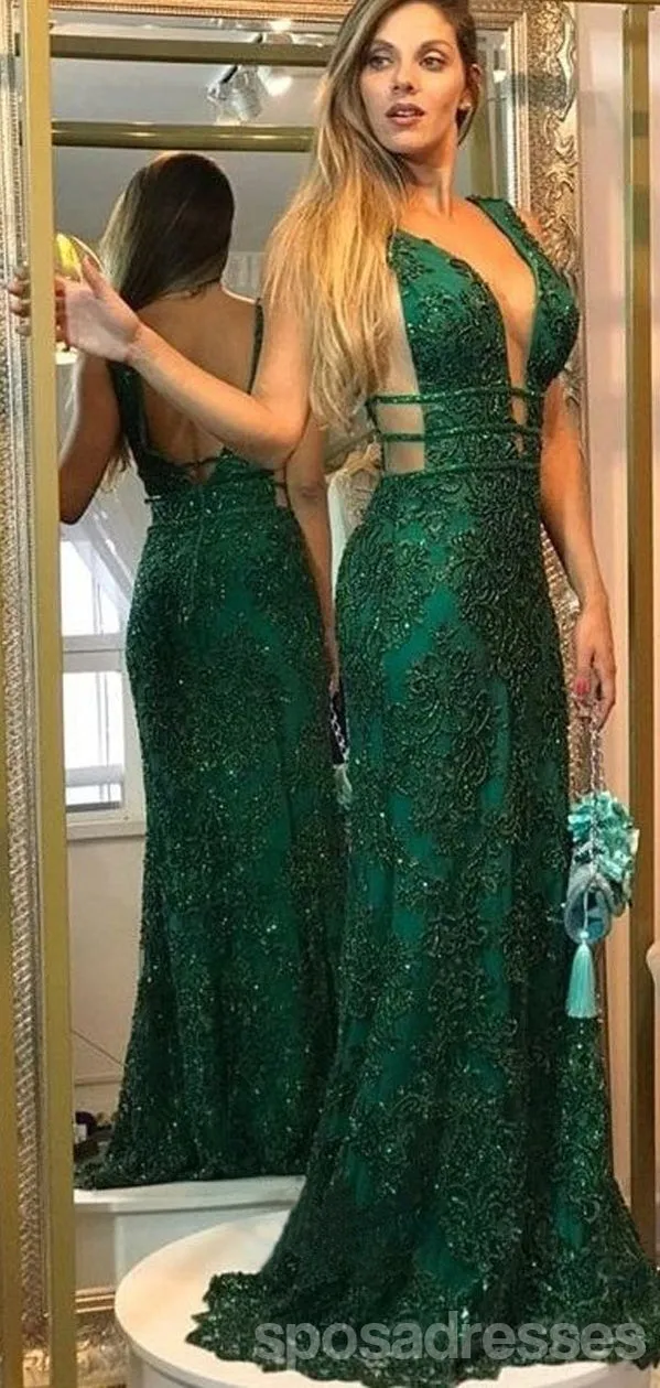Green Mermaid Deep V-neck Backless Long Prom Dresses Online,Evening Party Dresses,12787