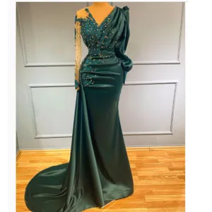 green modest evening dresses long sleeve v neck beaded elegant evening gown vestidos de fiesta