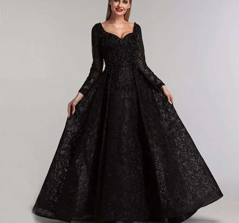 Grey Black Long Sleeves V-Neck Evening Dresses Real Photo Luxury Sexy Diamond Dubai Formal Dress