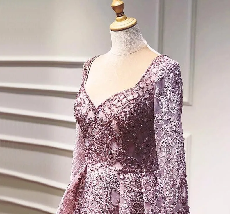 Grey Black Long Sleeves V-Neck Evening Dresses Real Photo Luxury Sexy Diamond Dubai Formal Dress