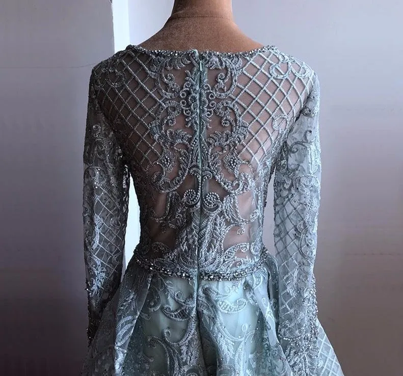 Grey Black Long Sleeves V-Neck Evening Dresses Real Photo Luxury Sexy Diamond Dubai Formal Dress