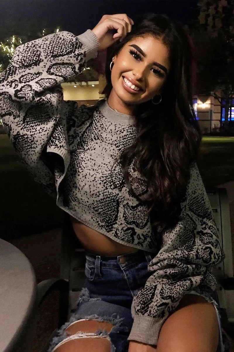 Grey Snake Cropped Batwing Jumper - Lizy