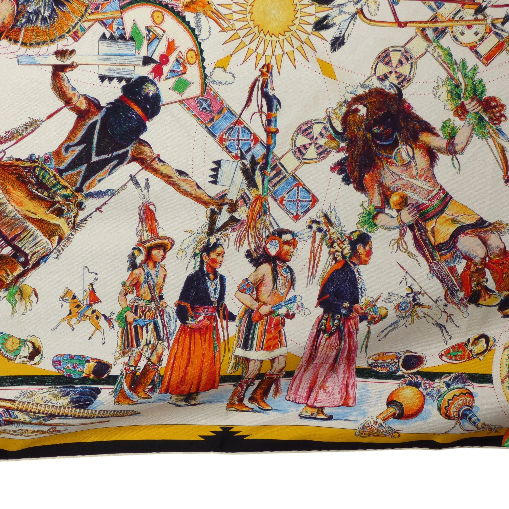 HERMES- "Les Danses Des Indiens" Print Silk Twill Scarf