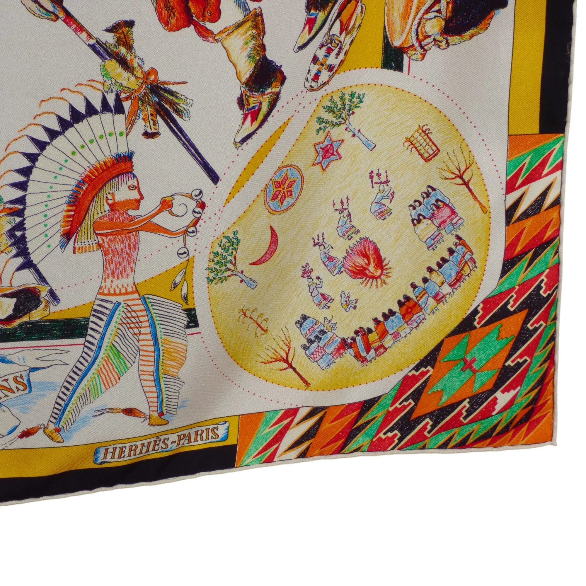 HERMES- "Les Danses Des Indiens" Print Silk Twill Scarf