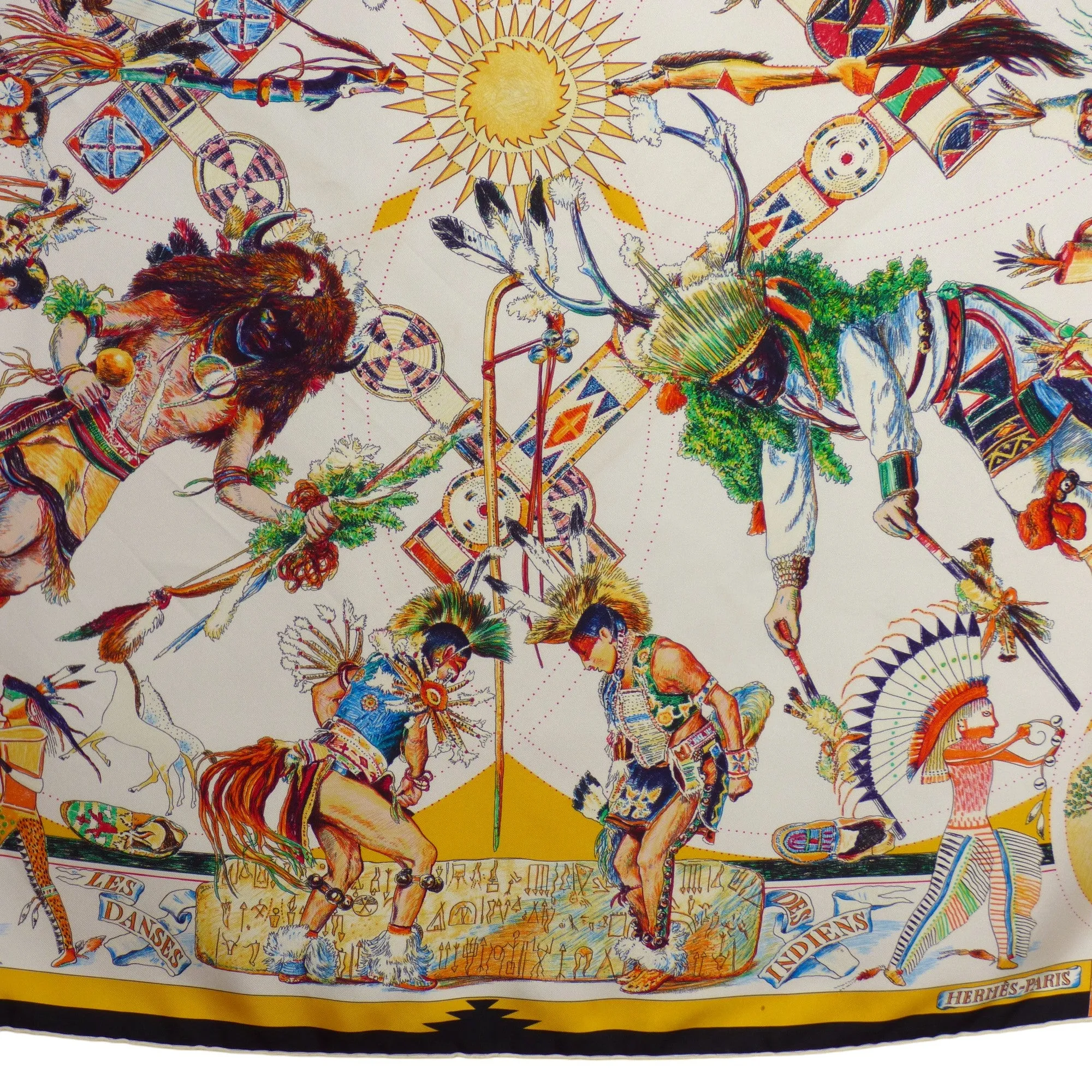HERMES- "Les Danses Des Indiens" Print Silk Twill Scarf
