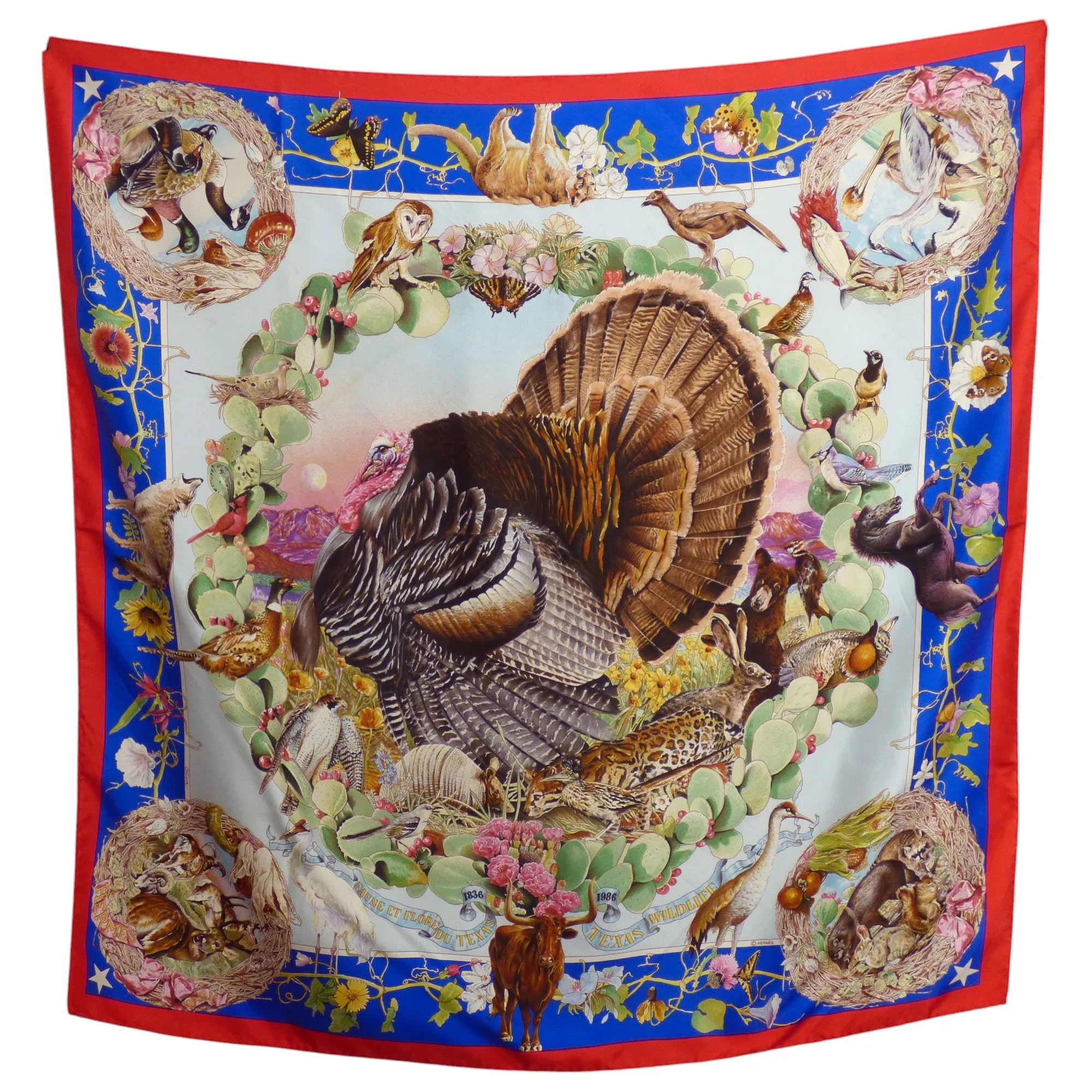 HERMES- "Texas Wildlife 1836-1986" Silk Twill Scarf