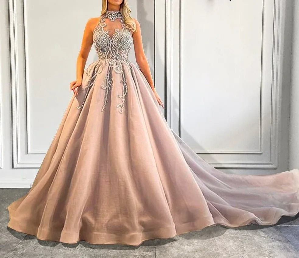 High Neck Luxury Beaded Crystals Puffy Ball Gown