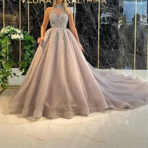 High Neck Luxury Beaded Crystals Puffy Ball Gown