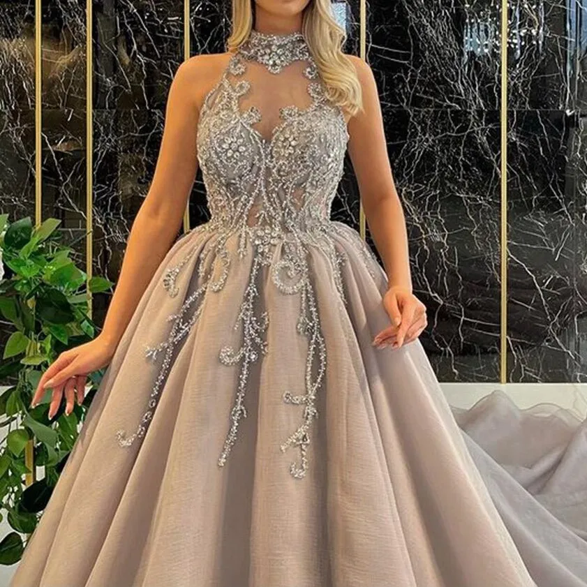 High Neck Luxury Beaded Crystals Puffy Ball Gown